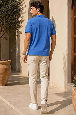 Polo Yaka Basic Fermuarlı T-shirt Mavi - Erkek T-shirt