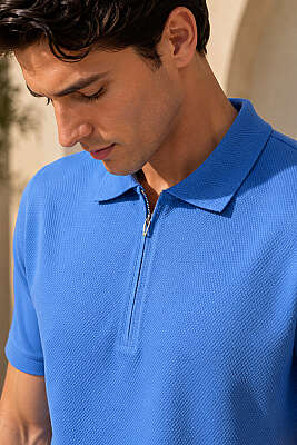 Polo Yaka Basic Fermuarlı T-shirt Mavi - Erkek T-shirt