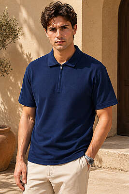 Polo Yaka Basic Fermuarlı T-shirt Parlement - HİT TİME
