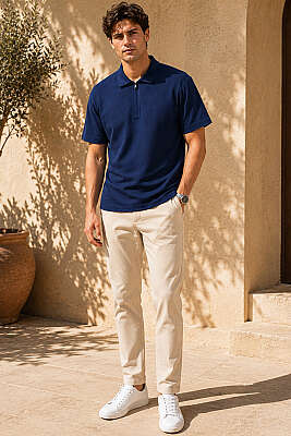 Polo Yaka Basic Fermuarlı T-shirt Parlement - Erkek T-shirt
