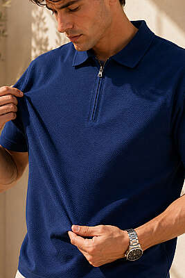 Polo Yaka Basic Fermuarlı T-shirt Parlement - Erkek T-shirt