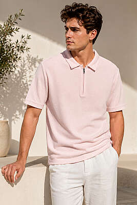 Polo Yaka Basic Fermuarlı T-shirt Pembe 