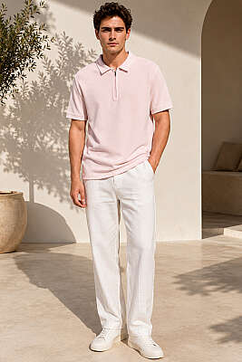 Polo Yaka Basic Fermuarlı T-shirt Pembe - Erkek T-shirt