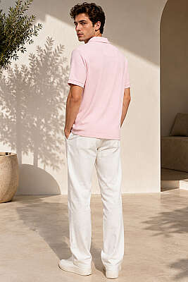 Polo Yaka Basic Fermuarlı T-shirt Pembe - Erkek T-shirt