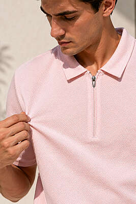 Polo Yaka Basic Fermuarlı T-shirt Pembe - Erkek T-shirt