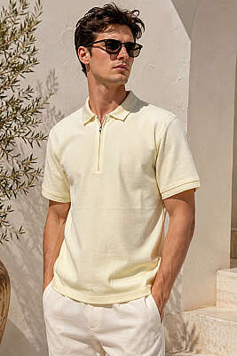 Polo Yaka Basic Fermuarlı T-shirt Sarı - HİT TİME