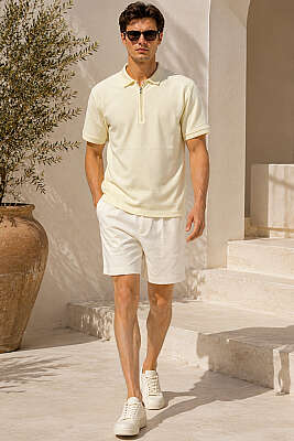 Polo Yaka Basic Fermuarlı T-shirt Sarı - Erkek T-shirt