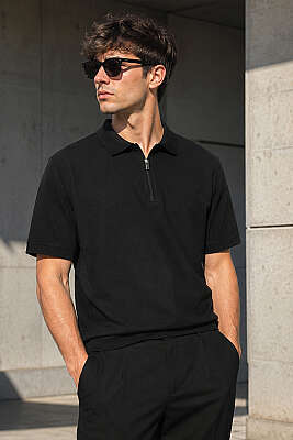 Polo Yaka Basic Fermuarlı T-shirt Siyah - HİT TİME