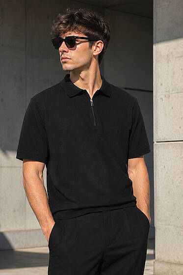 Polo Yaka Basic Fermuarlı T-shirt Siyah - Erkek T-shirt