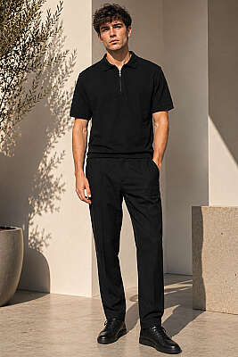 Polo Yaka Basic Fermuarlı T-shirt Siyah - Erkek T-shirt
