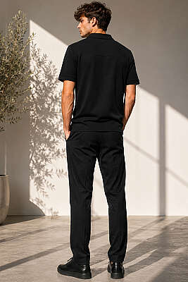 Polo Yaka Basic Fermuarlı T-shirt Siyah - Erkek T-shirt