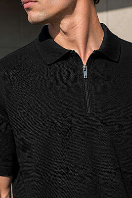 Polo Yaka Basic Fermuarlı T-shirt Siyah - Erkek T-shirt
