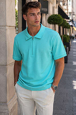 Polo Yaka Basic Fermuarlı T-shirt Su Yeşili 