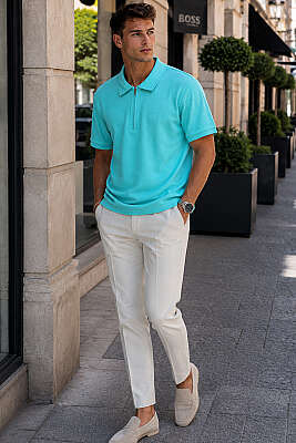 Polo Yaka Basic Fermuarlı T-shirt Su Yeşili - Erkek T-shirt