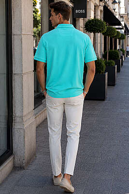 Polo Yaka Basic Fermuarlı T-shirt Su Yeşili - Erkek T-shirt