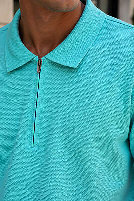Polo Yaka Basic Fermuarlı T-shirt Su Yeşili - Erkek T-shirt