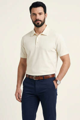 Polo Yaka Basic Tensel Erkek T-shirt Ekru 