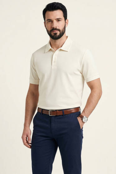 Polo Yaka Basic Tensel Erkek T-shirt Ekru - Erkek T-shirt