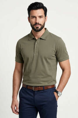 Polo Yaka Basic Tensel Erkek T-shirt Haki 