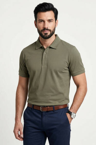 Polo Yaka Basic Tensel Erkek T-shirt Haki - Erkek T-shirt