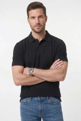 Polo Yaka Basic Tensel Erkek T-shirt Siyah 