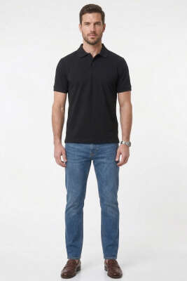 Polo Yaka Basic Tensel Erkek T-shirt Siyah - Erkek T-shirt