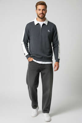 Polo Yaka Biyeli Erkek Sweatshirt Antrasit - Erkek Sweatshirt