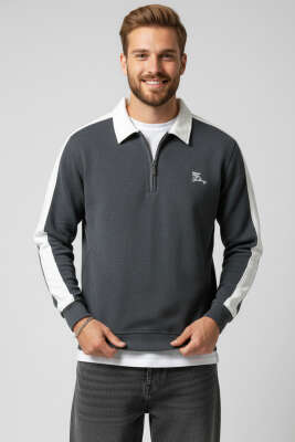 Polo Yaka Biyeli Erkek Sweatshirt Antrasit - BESSE