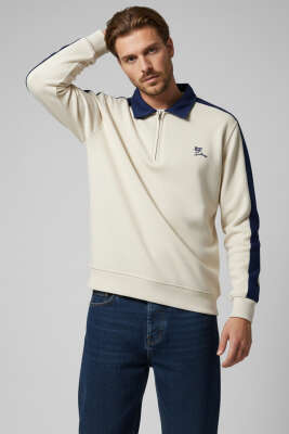 Polo Yaka Biyeli Erkek Sweatshirt Bej - BESSE