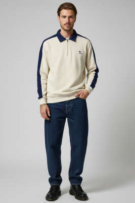 Polo Yaka Biyeli Erkek Sweatshirt Bej - Erkek Sweatshirt