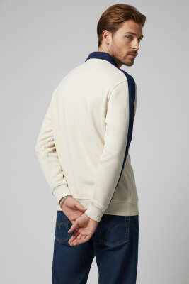 Polo Yaka Biyeli Erkek Sweatshirt Bej - Erkek Sweatshirt