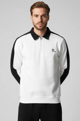 Polo Yaka Biyeli Erkek Sweatshirt Beyaz 