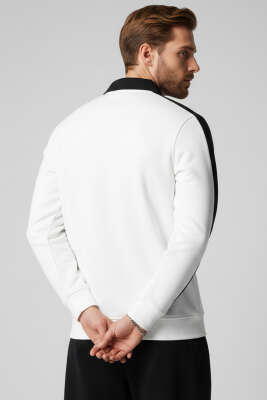 Polo Yaka Biyeli Erkek Sweatshirt Beyaz - Erkek Polo Yaka Tişört