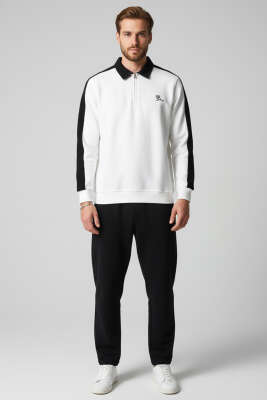Polo Yaka Biyeli Erkek Sweatshirt Beyaz - Erkek Sweatshirt