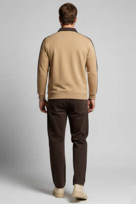 Polo Yaka Biyeli Erkek Sweatshirt Camel - Erkek Polo Yaka Tişört