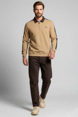 Polo Yaka Biyeli Erkek Sweatshirt Camel - Erkek Sweatshirt