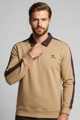 Polo Yaka Biyeli Erkek Sweatshirt Camel 
