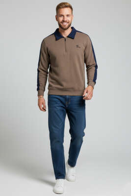 Polo Yaka Biyeli Erkek Sweatshirt Kahve - Erkek Polo Yaka Tişört