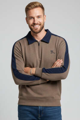 Polo Yaka Biyeli Erkek Sweatshirt Kahve 