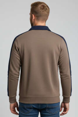 Polo Yaka Biyeli Erkek Sweatshirt Kahve - Erkek Sweatshirt