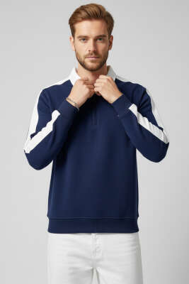 Polo Yaka Biyeli Erkek Sweatshirt Lacivert 