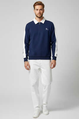 Polo Yaka Biyeli Erkek Sweatshirt Lacivert - Erkek Sweatshirt