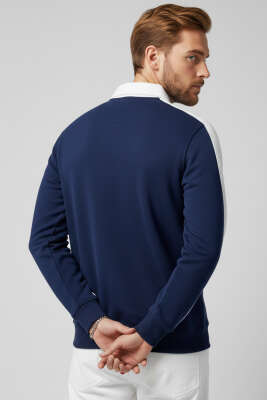 Polo Yaka Biyeli Erkek Sweatshirt Lacivert - Erkek Sweatshirt