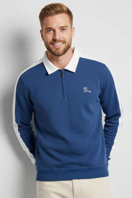 Polo Yaka Biyeli Erkek Sweatshirt Mavi 