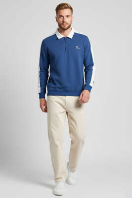 Polo Yaka Biyeli Erkek Sweatshirt Mavi - Erkek Sweatshirt