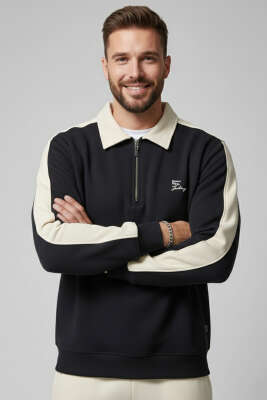 Polo Yaka Biyeli Erkek Sweatshirt Siyah 