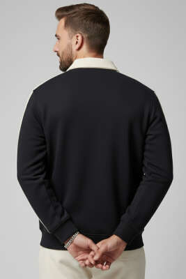 Polo Yaka Biyeli Erkek Sweatshirt Siyah - Erkek Polo Yaka Tişört