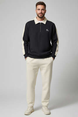 Polo Yaka Biyeli Erkek Sweatshirt Siyah - Erkek Sweatshirt