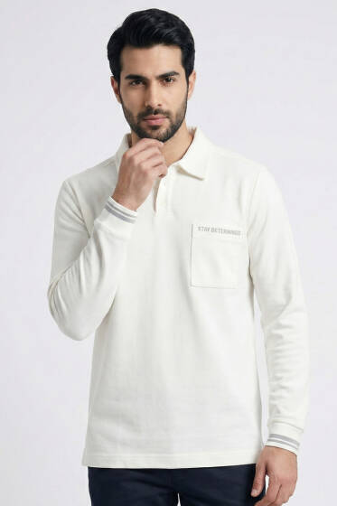 Polo Yaka Cepli Erkek Sweatshirt Beyaz - Erkek Sweatshirt