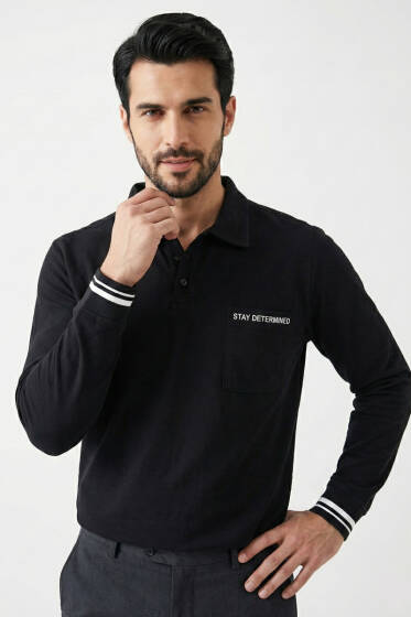 Polo Yaka Cepli Erkek Sweatshirt Siyah - Erkek Sweatshirt